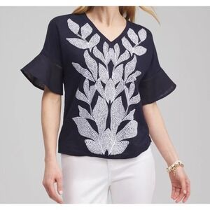 Chicos Top Womens 4 / XXL Navy Blue Linen Leaf Embroidered Flutter Sleeve‎ Boho